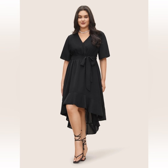 BloomChic Plus Size  Solid Tie Surplice Ruffle High Low Dress - Picture 2 of 7